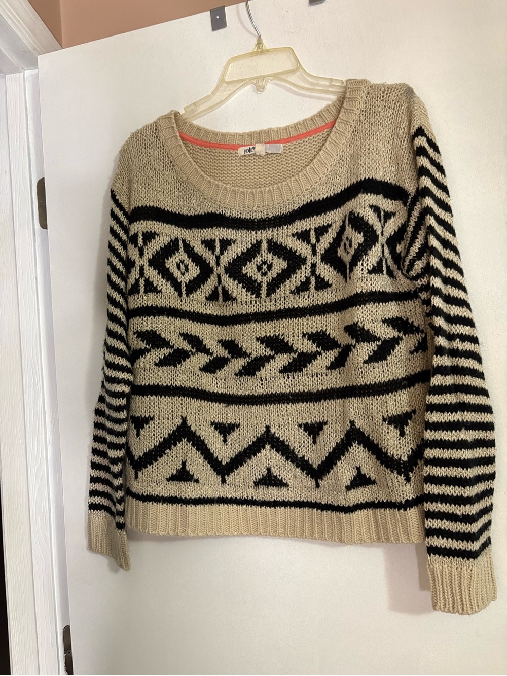 Jolt Beige and Black Geometric Crewneck Sweater